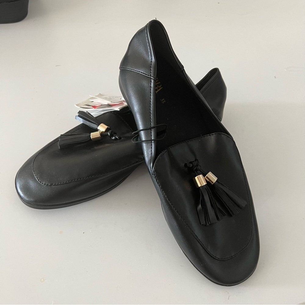 Zara Black Loafers with gold hardware